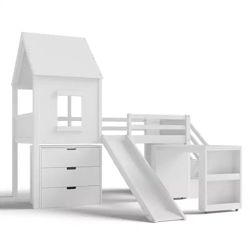 Einzel-Hochbett mit 3 Schubladen und Treppenregal, Hausbett-Gestell aus Holz mit Rutsche und herausziehbarem Schreibtisch