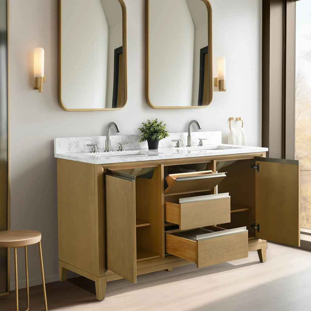 Vanity Art Badezimmerschrank mit Keramikwaschbecken und Platte aus technischem Marmor