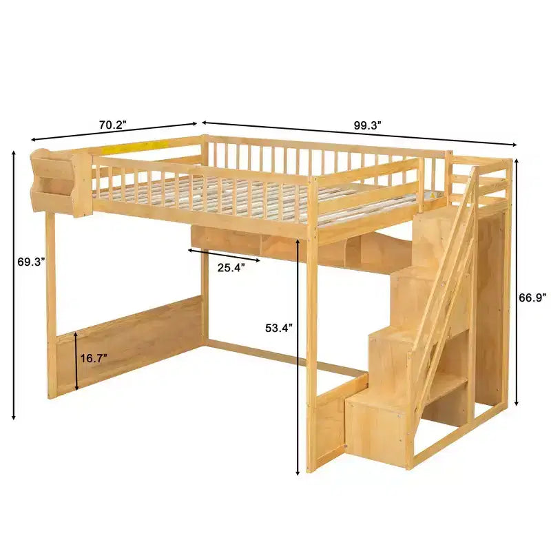 Queen-Hochbettgestell mit Treppe, Kleiderschrank & Regalen - MDF, 650 lb