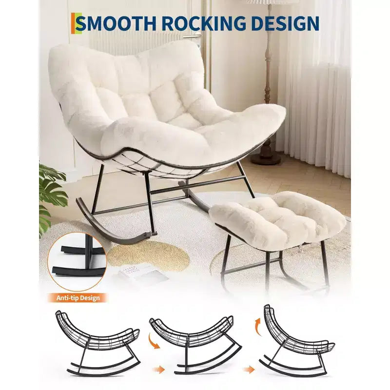 Übergroßer Papasan-Schaukelstuhl mit Ottomane und weichem Plüschkissen, Lounge-Sessel mit Fußstütze und stabilem Metallrahmen, Eier-Schaukelstuhl für das Wohnzimmer