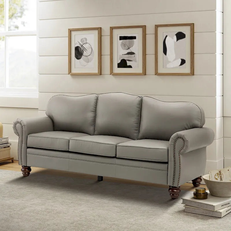 Balvino 81 Zoll breites Übergangs-Sofa aus echtem Leder mit Rollarmlehnen, Nagelkopfbeschlägen und abnehmbaren Kissen