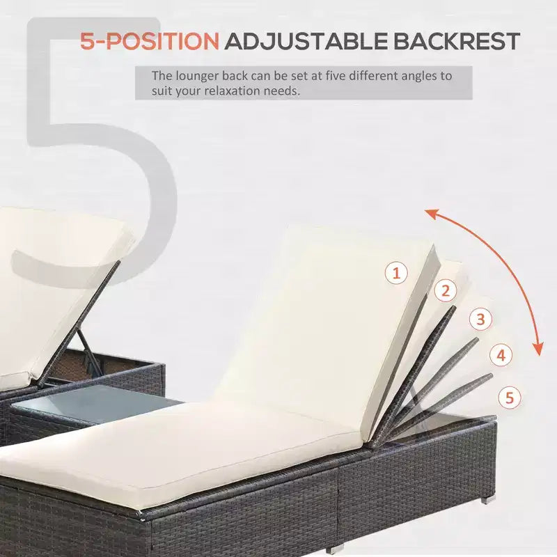 Set aus 2 Sonnenliegen mit 5-fach verstellbarer Rückenlehne, Outdoor-Couchtisch, wasserabweisenden Polstern und PE-Rattan-Geflecht für den Poolbereich