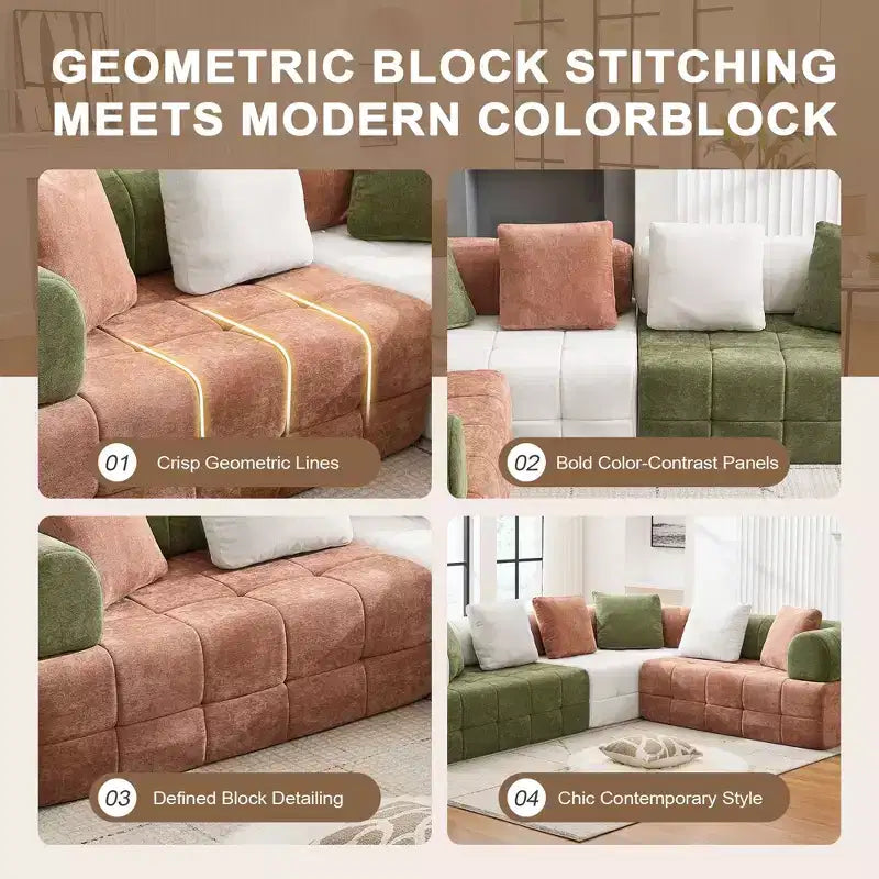 280 cm breites, modulares 4-Sitzer-Sofa aus Chenille im Colorblock-Design mit geschwungenen Armlehnen