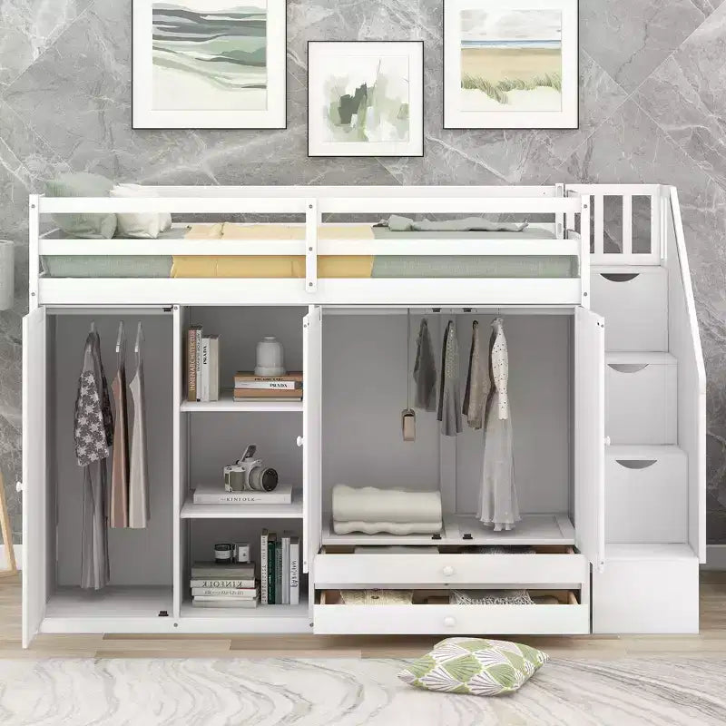 93,3 Funktionales Hochbett mit Kleiderschränken, Regalen, Schubladen und Stauraumleiter