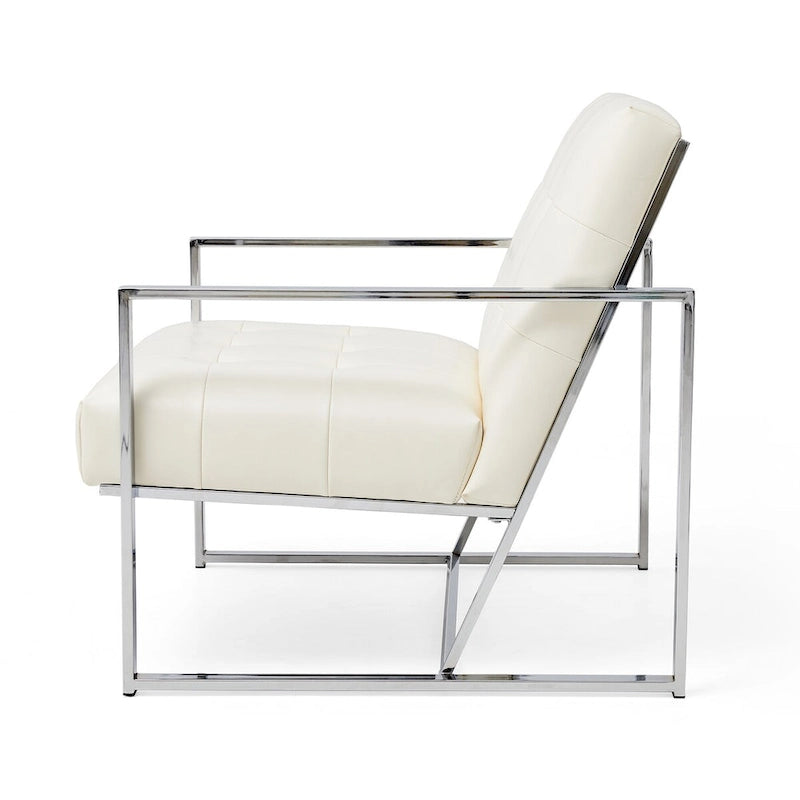 Glitzhome 77,5 cm hoher Mid-Century Akzentstuhl in Creme, PU-Leder mit Knopfheftung und verchromtem Gestell