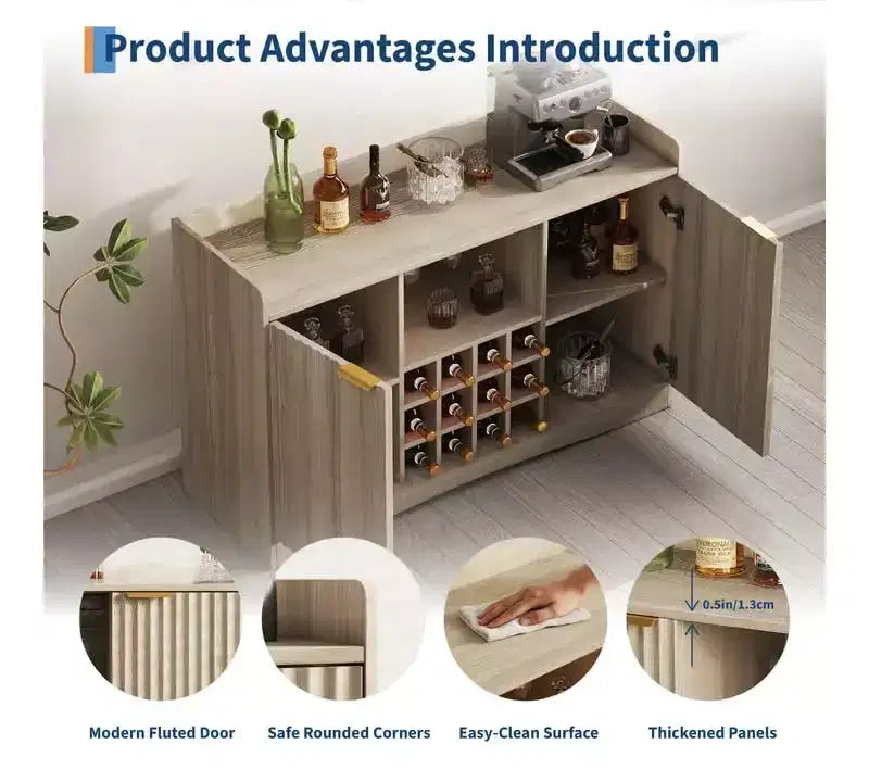 47 Moderner Weinschrank mit 9 Glashaltern, 12 Weinregalen, geriffeltem Design, 2 Türen, Buffet-Sideboard-Aufbewahrung für Ess- & Wohnzimmer