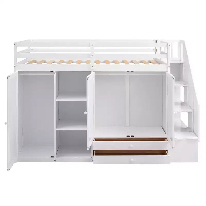 93,3 Funktionales Hochbett mit Kleiderschränken, Regalen, Schubladen und Stauraumleiter