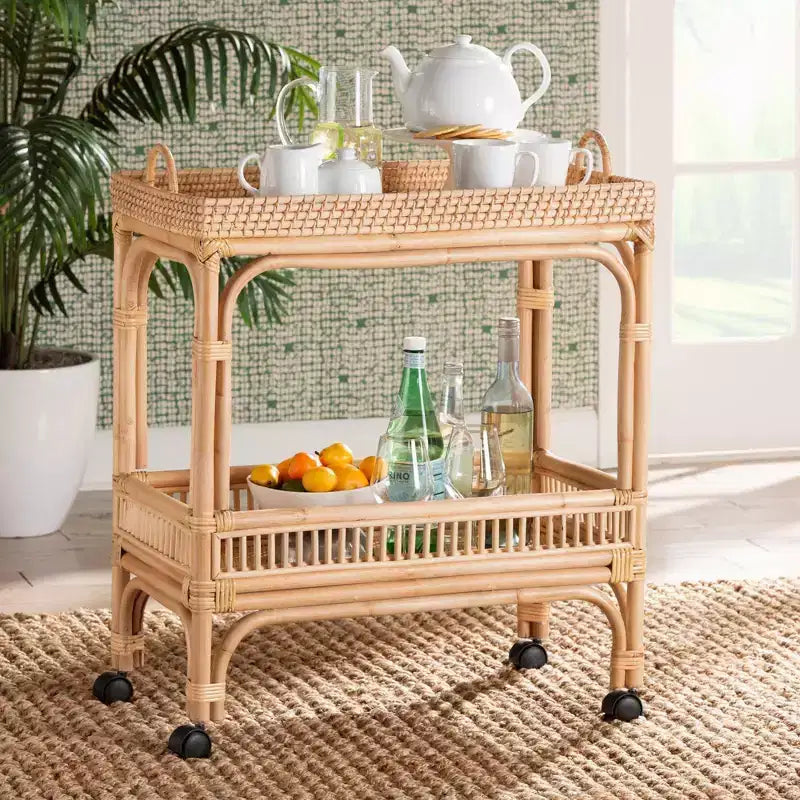 bali & pari Lombok Rattan-Servierwagen Naturbraun: Indoor-Barwagen mit Weinhalter, keine Montage erforderlich