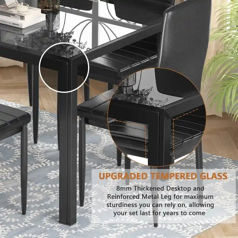 Grondin 7-teiliges Esszimmer-Set im modernen Stil mit Tischplatte aus gehärtetem Glas und 6 Stühlen mit PU-Lederpolsterung