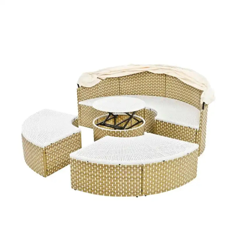 Rundes Outdoor-Tagesbett, zweifarbiges Flecht-Sonnenbett mit versenkbarem Dach