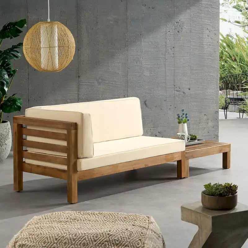 Oana Gartenmöbel-Set aus Akazienholz mit linkem Armteil, bestehend aus 2-Sitzer-Sofa und Couchtisch, inklusive Sitzkissen, von Christopher Knight Home