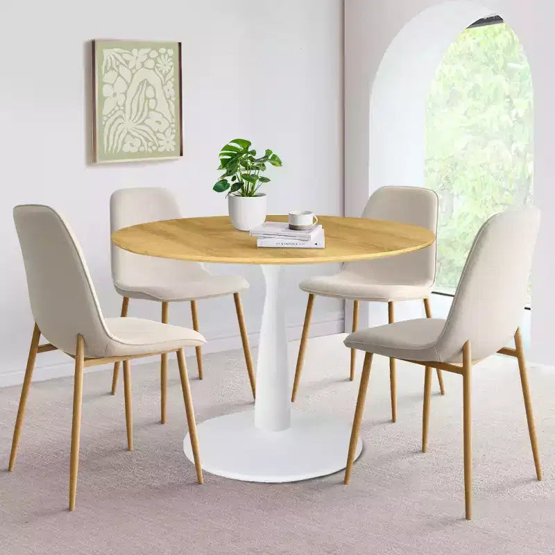 5-teiliges Esszimmerset, runder 37-Zoll-Tisch mit Säulenfuß und Holzoptik-Platte sowie gepolsterten, geschwungenen Stühlen, moderner Stil – Panipeachy
