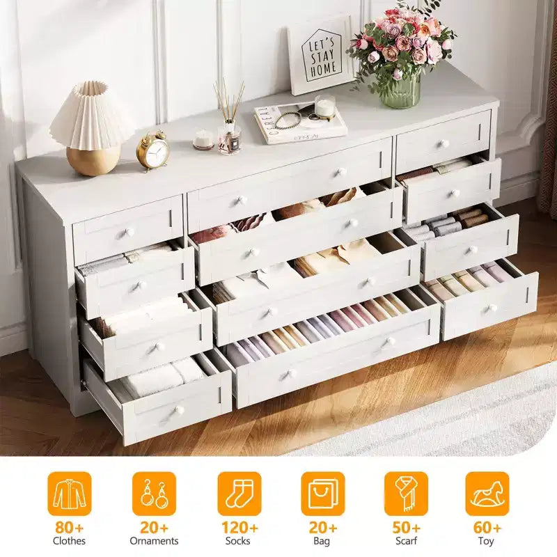 Kommode mit 12 Schubladen für das Schlafzimmer, aus Holz, moderner breiter TV-Ständer für 65-Zoll-Fernseher, Holz-Schubladenkommode, Landhausstil-Kleiderschrank für das Wohnzimmer