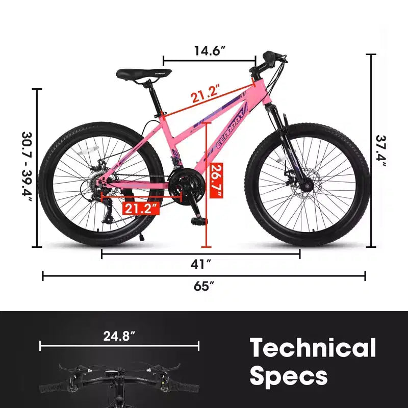 NAYSAYE Fahrrad 26 Zoll Mountainbike mit 21-Gang-Schaltung und Dual-Scheibenbremsen für Teenager und Damen, Pink, 65*24,8*37,4