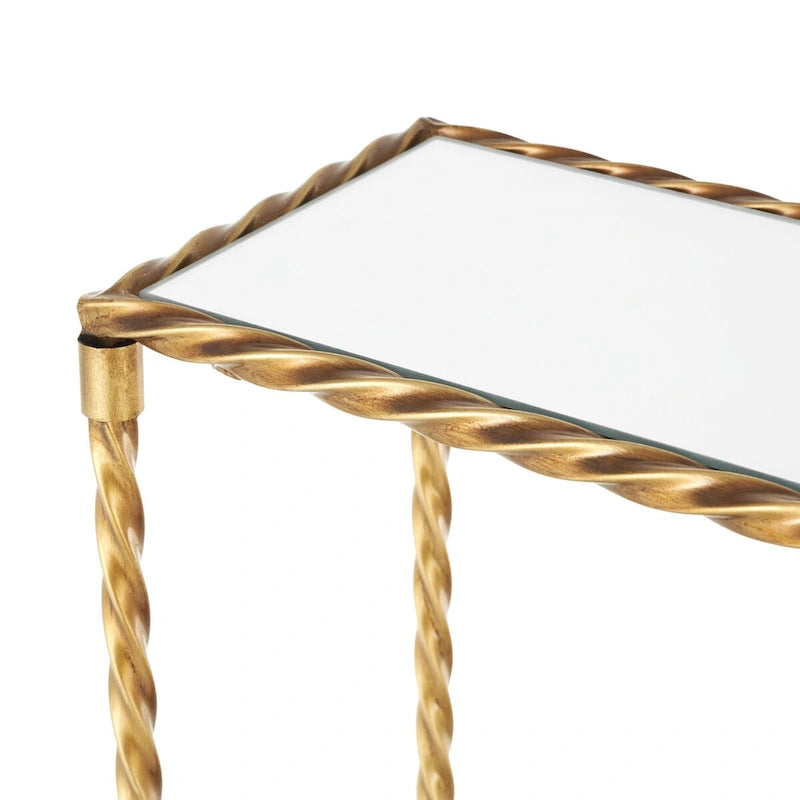 Konsole mit 1 Ablage im Stil eines gedrehten Metallseils mit verspiegelter Glasplatte und Ablage - Gold - Roche River Decor