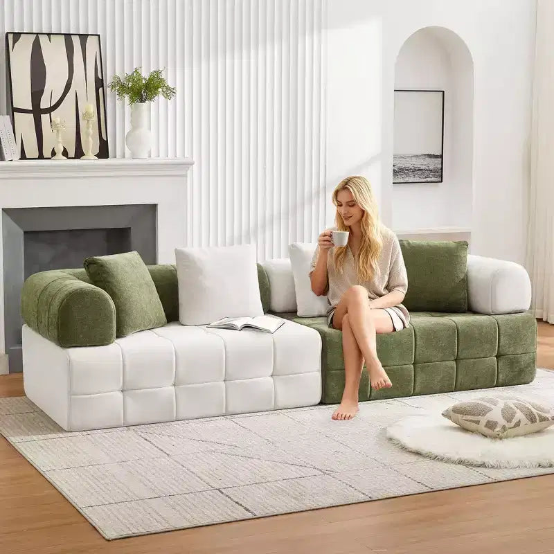 280 cm breites, modulares 4-Sitzer-Sofa aus Chenille im Colorblock-Design mit geschwungenen Armlehnen
