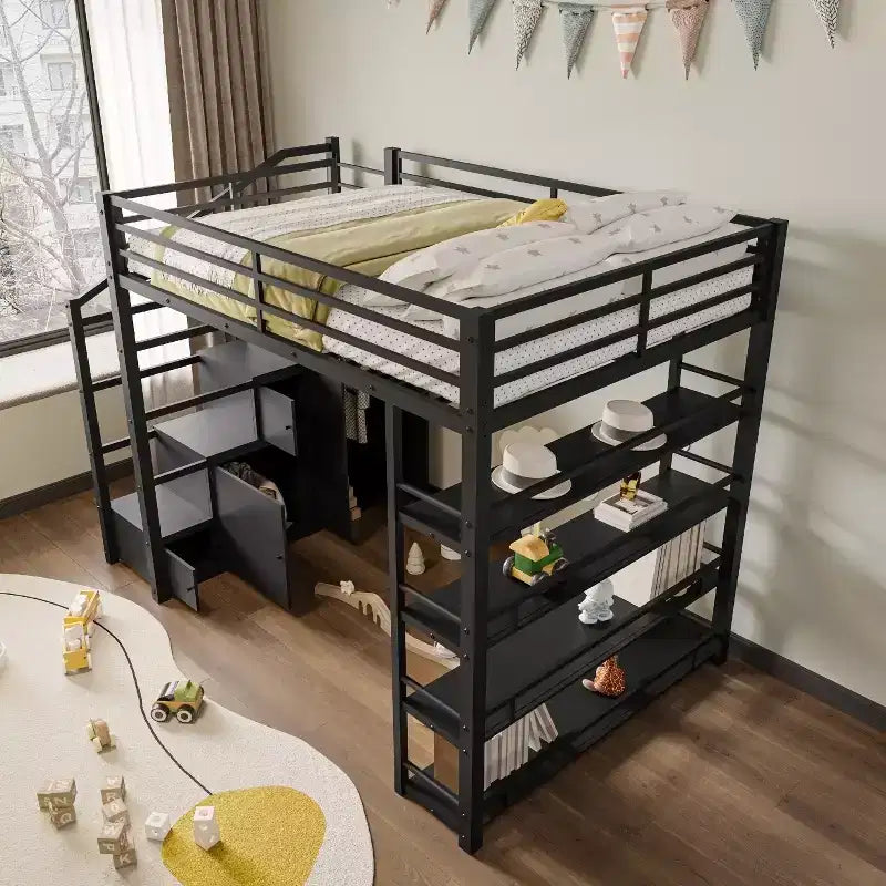 Queen-Size-Metall-Hochbett mit Ablagefächern, Schränken und Kleiderschrank