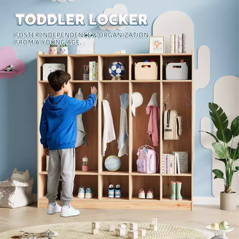 Garderoben-Organizer für Kinder mit 10 Fächern & Haken, 5-teiliges Aufbewahrungssystem für Klassenzimmer, Kinderzimmer, Flur oder Spielzimmer, Eiche Natur