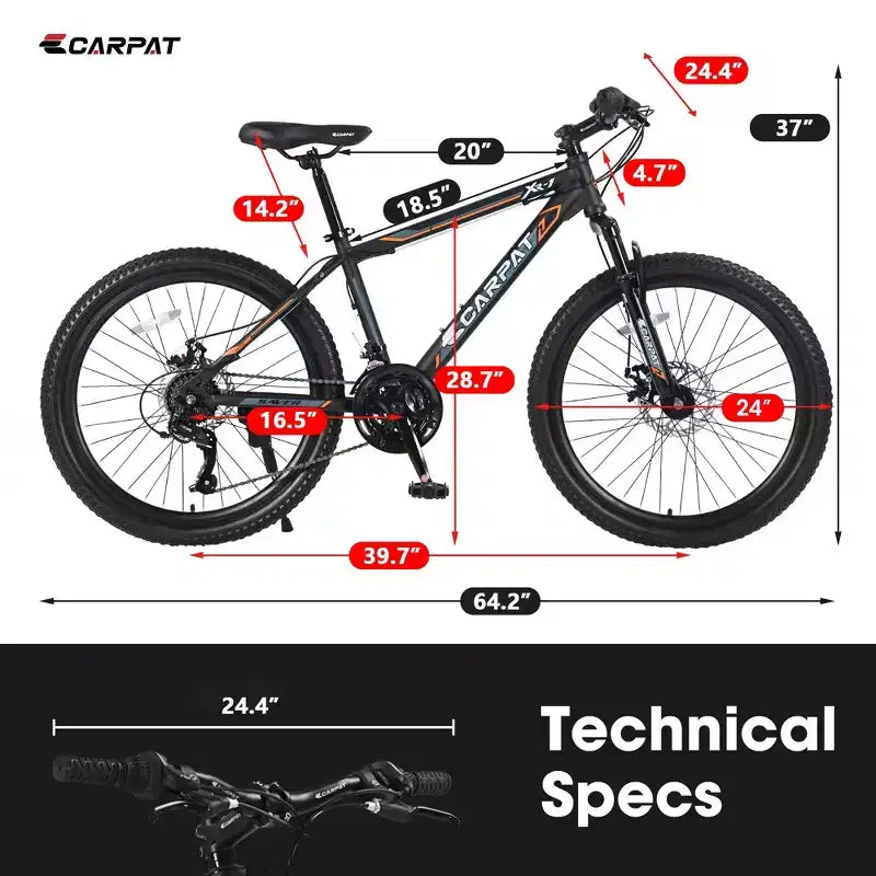Okak 24 Zoll Mountainbike mit Stahlrahmen, Kinderfahrrad mit Shimano 21-Gang-Schaltung, doppelten Scheibenbremsen und Vordergabel-Federung, Fahrrad für Jugendliche
