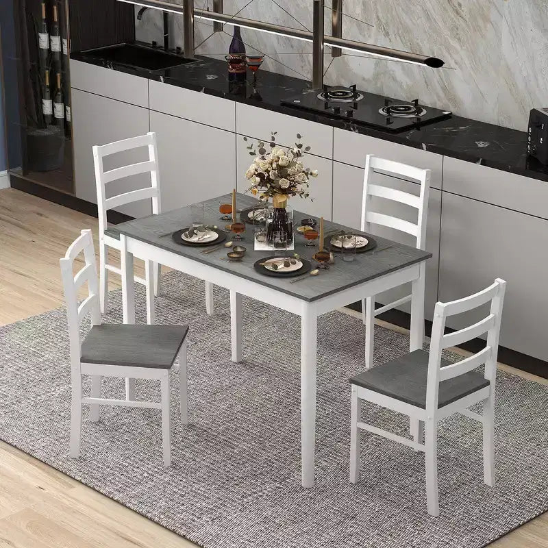 Costway 5-teiliges Esszimmer-Set Massivholz Küchenmöbel mit rechteckigem Tisch & 4 Stühlen Natur/Kaffee/Grau