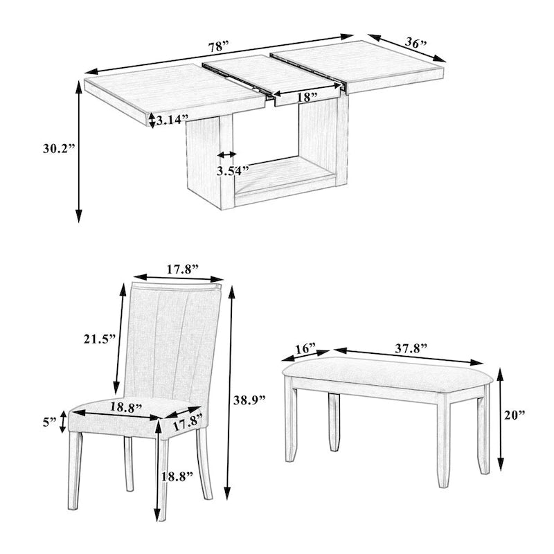 Zeitgenössisches 6-teiliges ausziehbares Säulen-Esszimmertisch-Set (198 cm)