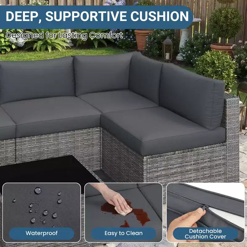 7-teiliges Outdoor-Gartenmöbel-Set, Geflochtene Lounge-Garnituren mit Auflagen und Couchtisch, Modulares Outdoor-Ecksofa