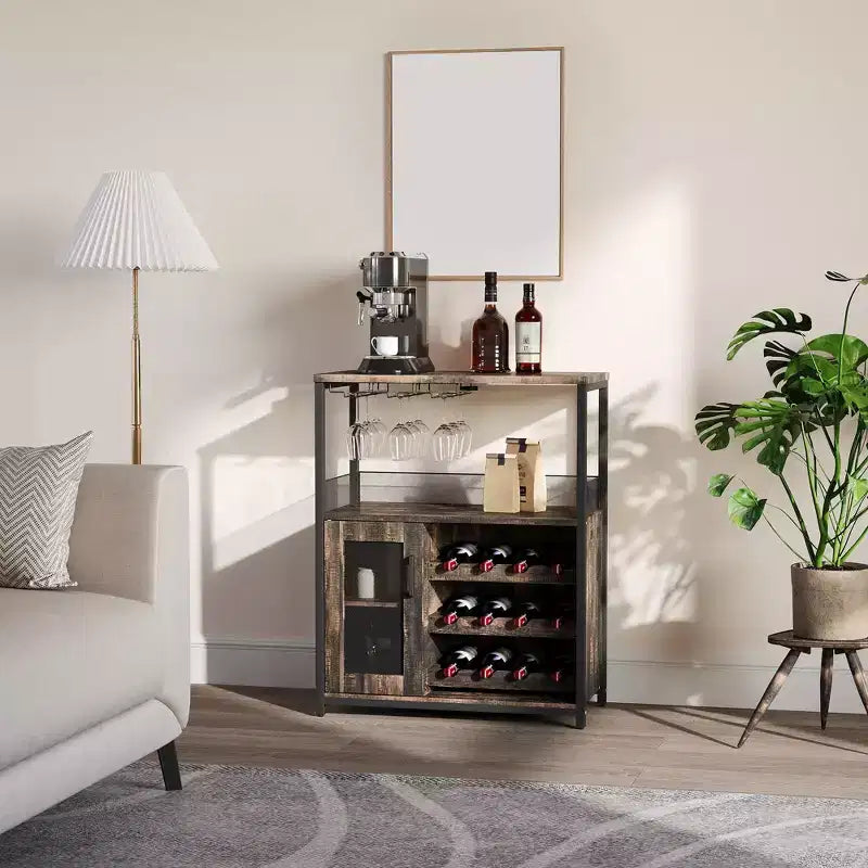 Grauer 3-stöckiger industrieller Weinbarschrank (12+ Flaschen), 91,4 H x 61 B x 38,1 T cm, abnehmbares Regal, 9 Glashalter & verstellbare Einlegeböden für Zuhause/Bar