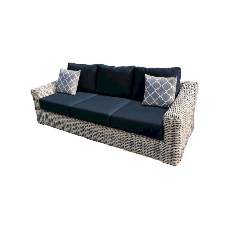 Teva Hawaii Dreifarbiges Gartenmöbel-Sofa aus Korbgeflecht in Grau/Cremeweiß/Beige mit Kissen