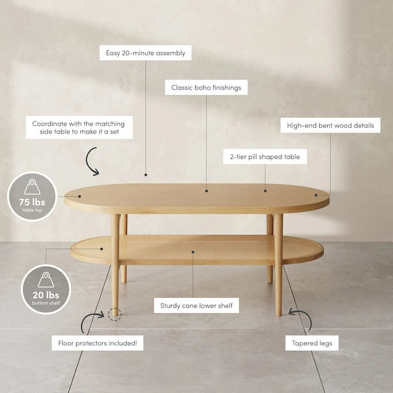 Nathan James Sonia Bohemian Couchtisch mit zwei ovalen Ebenen aus hellem Holz und Ablage aus Rattan