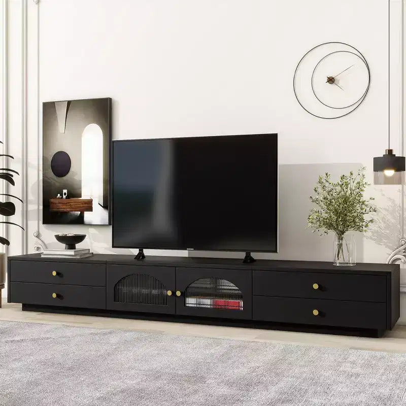 TV-Ständer für 95-Zoll-Fernseher, extra lange Medienkonsole mit 2 Türen und 4 Schubladen, großer TV-Schrank mit geriffelten Glastüren
