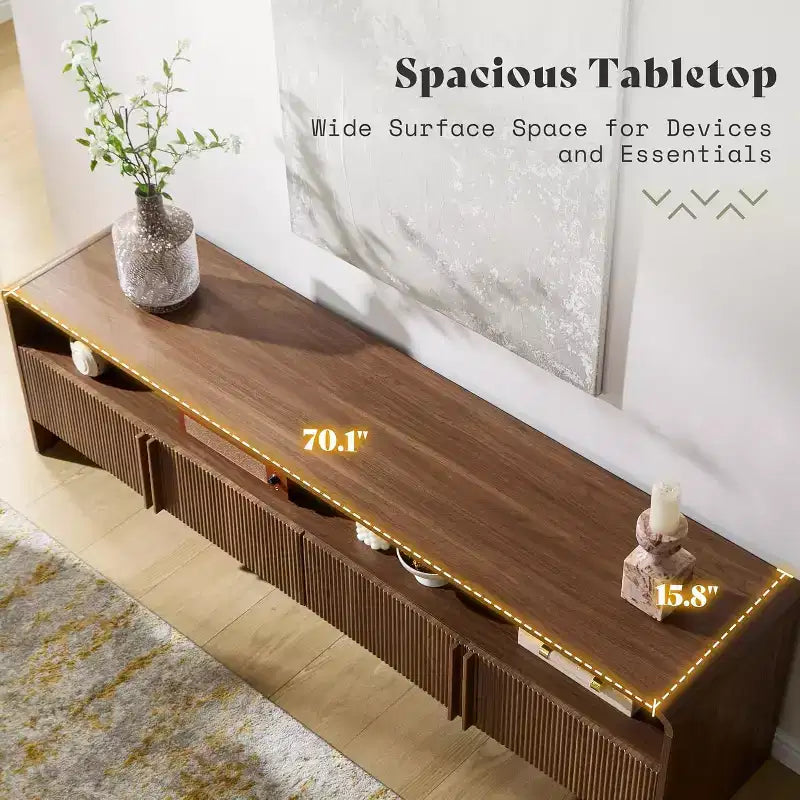 AMERLIFE 70" Modernes TV-Lowboard mit geriffeltem Design & Staufächern, für Fernseher bis 80", Holz-Mediakonsole für das Wohnzimmer