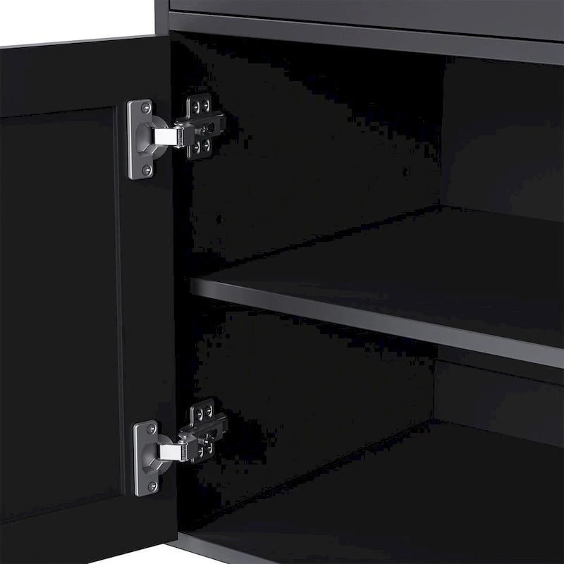 Schwarzes Entertainment-Center im Landhausstil mit dunklem Walnussholz, Bücherregalen und Türen aus gehärtetem Glas für Fernseher bis 70 Zoll