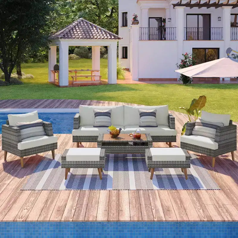 Whisen 6-teiliges Allwetter-PE-Geflecht-Sofaset, Outdoor-Rattan-Sofa mit Doppelkissen