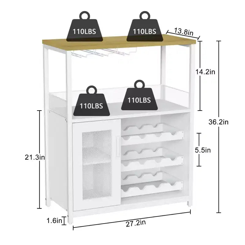 Grauer 3-stöckiger industrieller Weinbarschrank (12+ Flaschen), 91,4 H x 61 B x 38,1 T cm, abnehmbares Regal, 9 Glashalter & verstellbare Einlegeböden für Zuhause/Bar