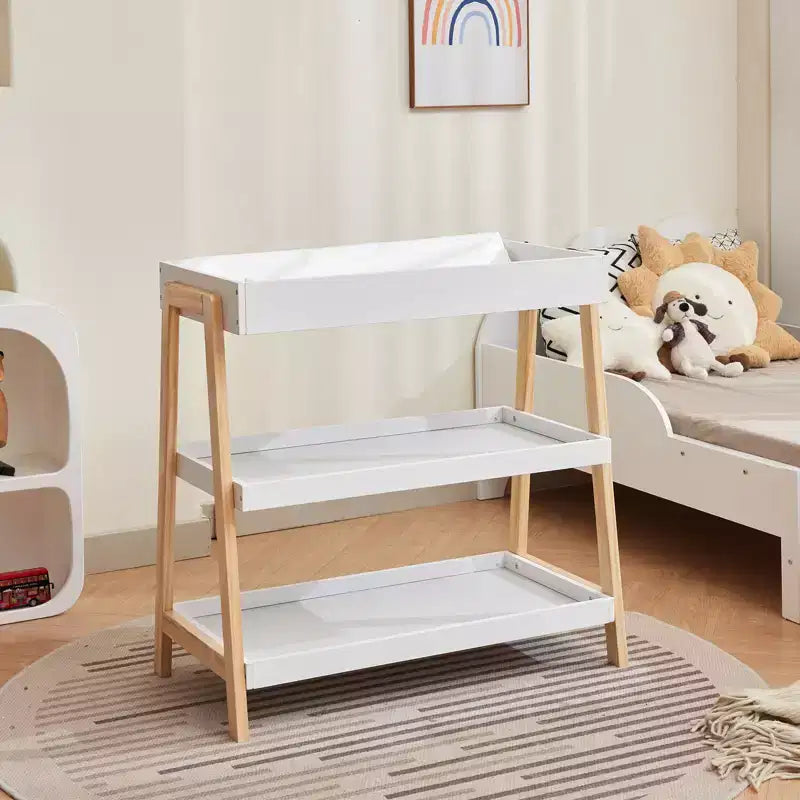 Moderner Wickeltisch mit wasserfester Auflage & 2 Ablagefächern, tragbare Baby-Wickelkommode aus Holz für Neugeborene/Kleinkinder, Holz+Weiß