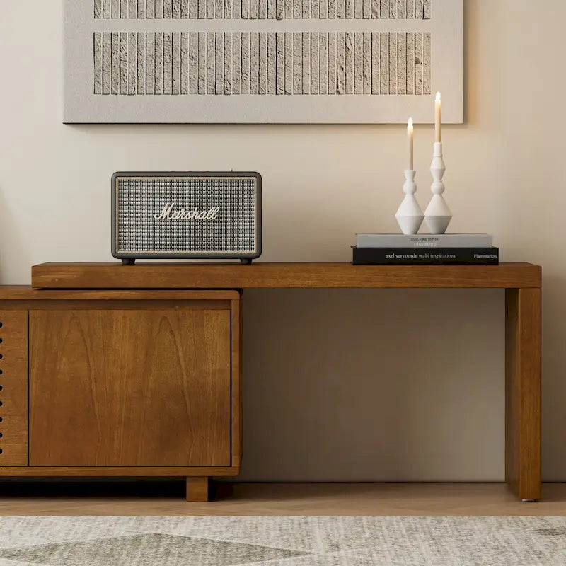 Erweiterbarer Mid-Century TV-Schrank mit 4 Staufächern und Lochtür für Wohnzimmer-Entertainment-Center
