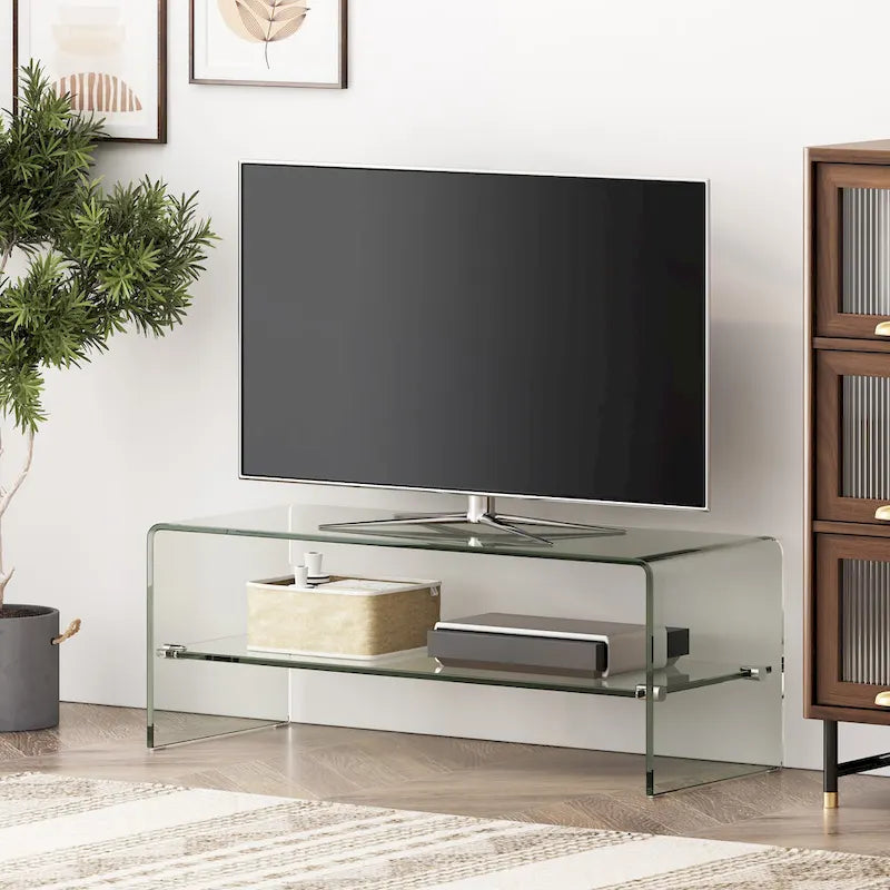 Transparenter TV-Ständer mit offener Rückseite und Glasablage, 39,37 Zoll breit, für Fernseher bis 39 Zoll