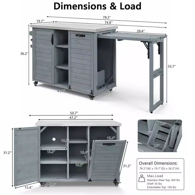 Outdoor-Kücheninsel mit klappbarem Seitentisch, Outdoor-Grillwagen mit Edelstahlplatte, versteckter Müllschrank für Rasen & Garten