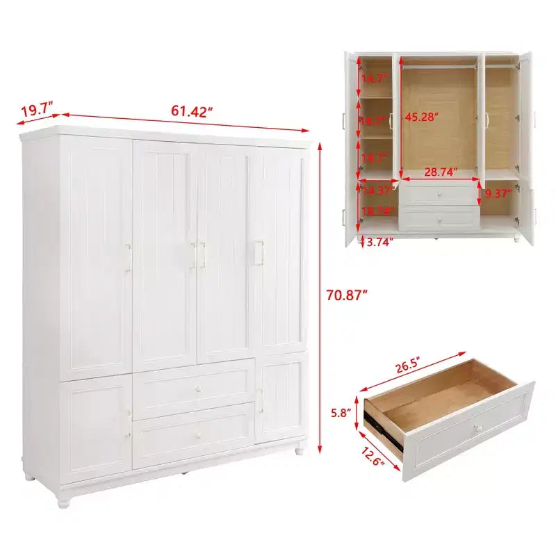 Weiße Holz-Kleiderschrank, 156 cm, mit 2 Schubladen, Kleiderstange und Einlegeböden