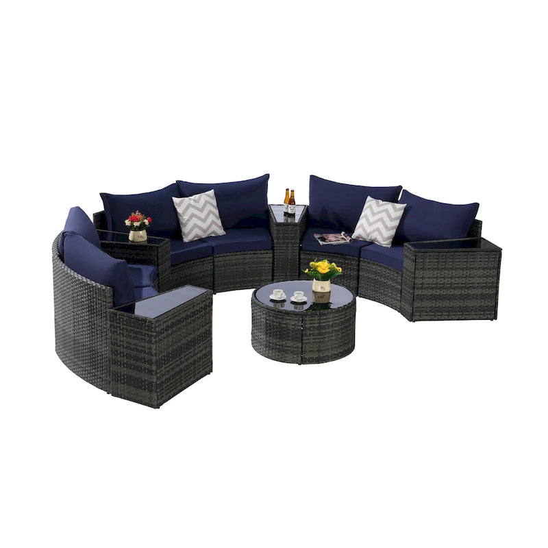 11-teiliges modulares Outdoor-Sofa-Set mit halbrunden Elementen, Couchtisch aus gehärtetem Glas und 4 Beistelltischen
