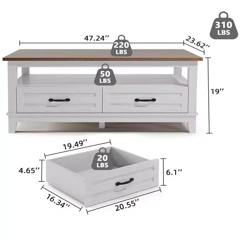 Landhausstil-Couchtisch mit Schubladen, 47,2 Zoll Wohnzimmertisch im rustikalen Design, Braun, mit offenem Ablagefach und 6 Stützbeinen