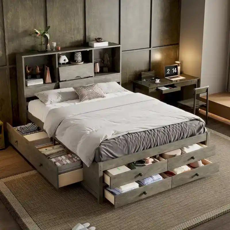 Graues modernes Queen-Size-Holzbett mit Stauraum-Kopfteil und 8 Schubladen