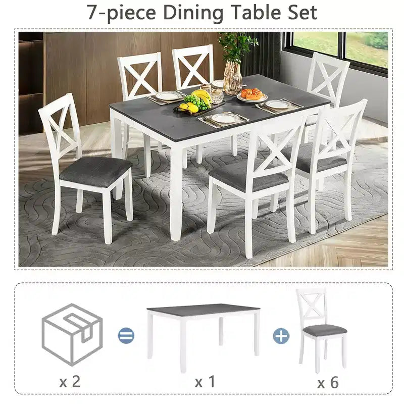 GDFStudio Loren modernes 7-teiliges Esszimmer-Set aus Massivholz mit gepolstertem Tisch und Stühlen