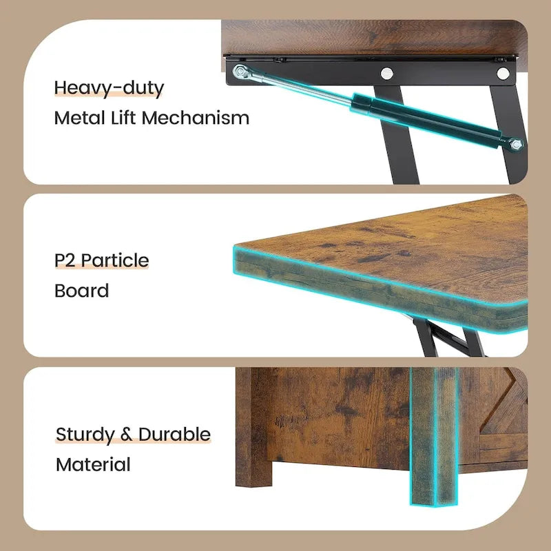 Couchtisch mit Hubplatte, 2 Schiebetüren im Scheunentor-Design und Stauraum, Esstisch