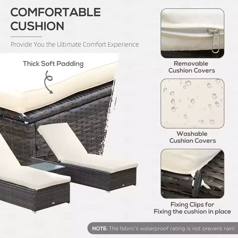 Set aus 2 Sonnenliegen mit 5-fach verstellbarer Rückenlehne, Outdoor-Couchtisch, wasserabweisenden Polstern und PE-Rattan-Geflecht für den Poolbereich