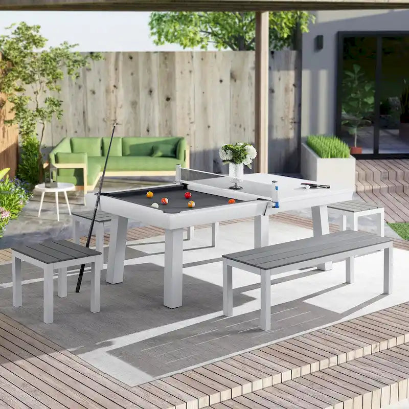 Norwalk Indoor/Outdoor 7-Fuß-Billardtisch in Schieferoptik, Esstischgarnitur für 6 Personen mit 4 Bänken und Zubehör, weißes Finish