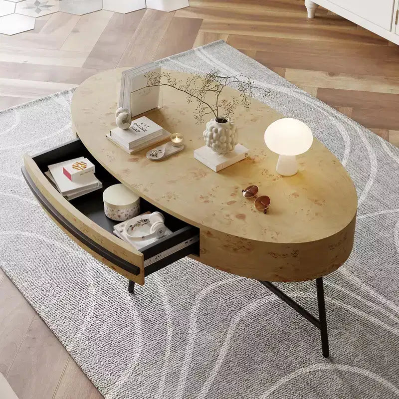 Ovaler Couchtisch mit Schublade, Mid-Century Modern Wohnzimmertisch 120 cm, Holztisch mit Stauraum und gekreuzten Metallbeinen, geschwungenes Design