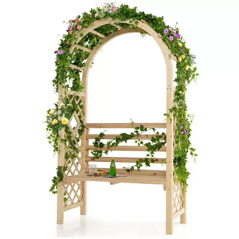 Costway Gartenbank aus Holz mit Rundbogen-Pergola, Gartenpavillon mit Rückenlehne, Terrassen-Rankgerüst