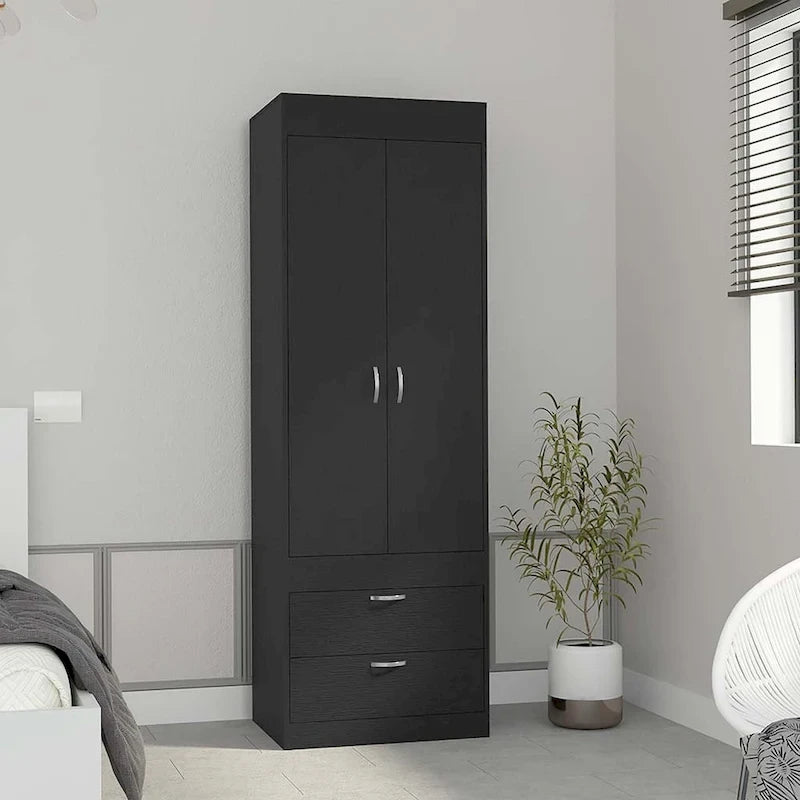 18.9 Moderner zweitüriger Kleiderschrank mit zwei unteren Schubladen und Kleiderstange fürs Schlafzimmer