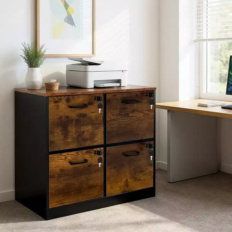4-Schubladen-Aktenschrank mit Schloss, Druckerständer, Holz-Aktenschränke fürs Homeoffice, Aufbewahrungsorganizer mit verstellbarer Hängeleiste
